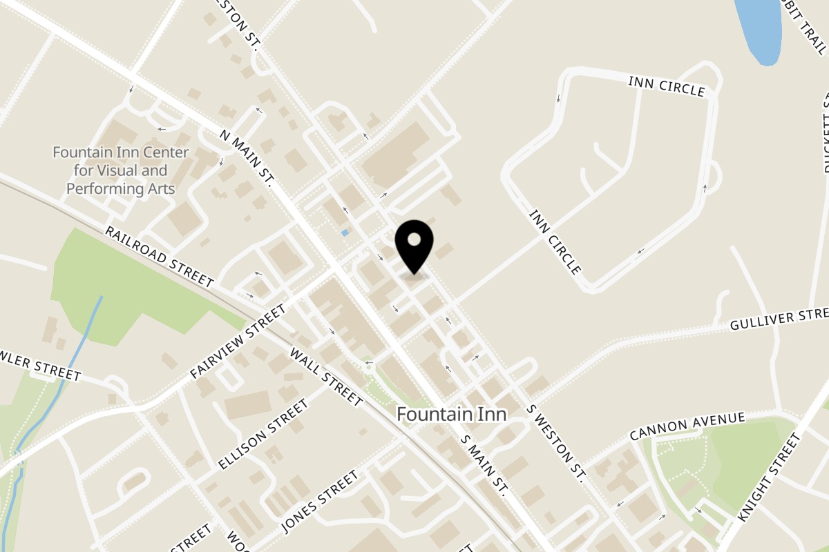 Map showing the location of El Patron Mexican Restaurant Fountain Inn on 107 North Weston Street in Fountain Inn